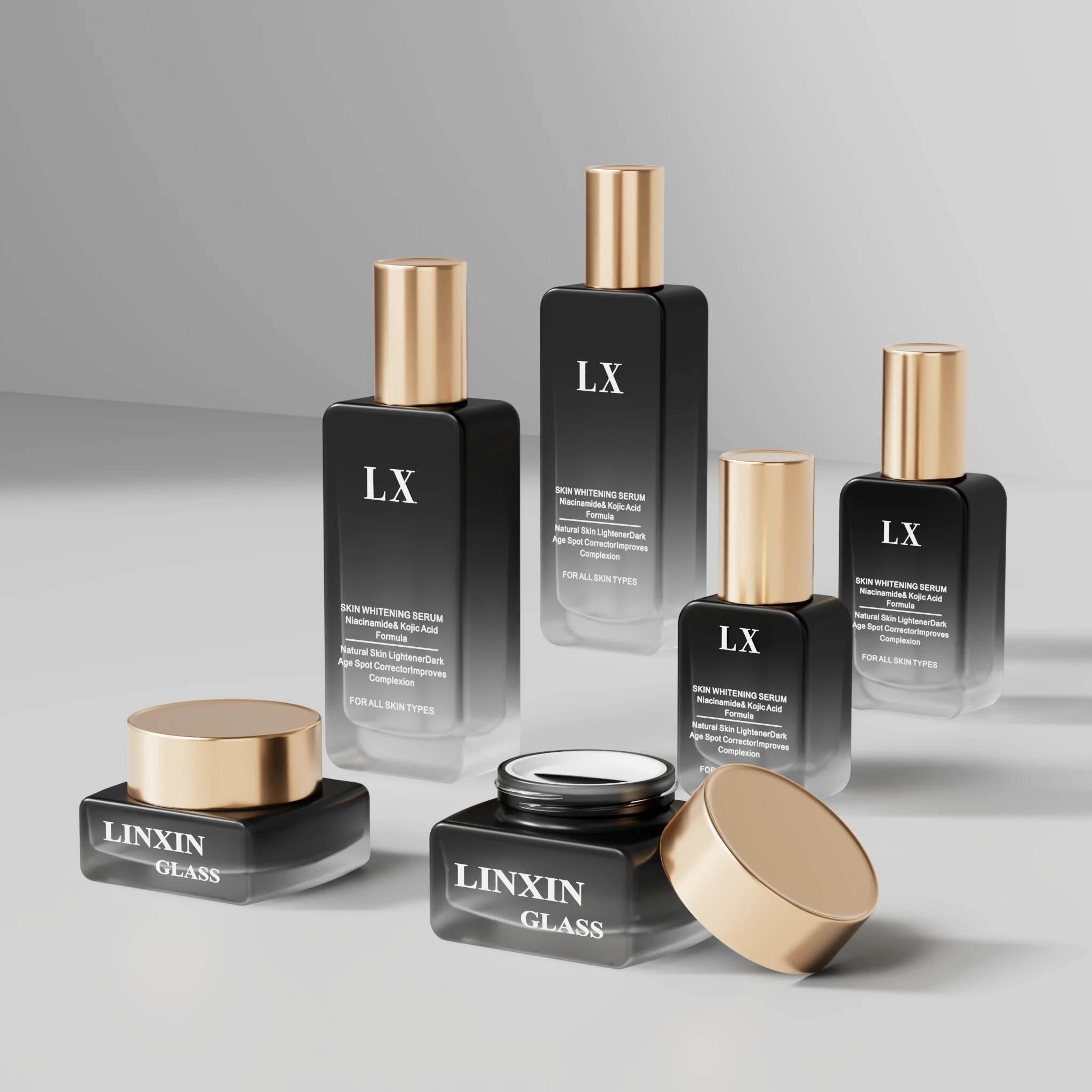 Flat Rectangle Black Matte Amber Skin Care Cosmetic Packaging Set 30ml 50ml 100ml Glass Lotion Pump Cosmetic Bottle Cream Jar