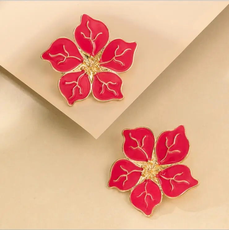 
 Vintage Peony Flower Stud Earring for Women Red Geometric Dripping Oil Metal Female Wedding Jewelry Accessories  
