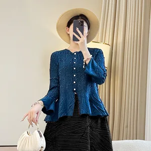 Miyake Autumn New Pleated Casual Polyester Shirt 2026 Women's Neck Blouse Niche Solid Color Elegant Anti-Pilling Vintage Top