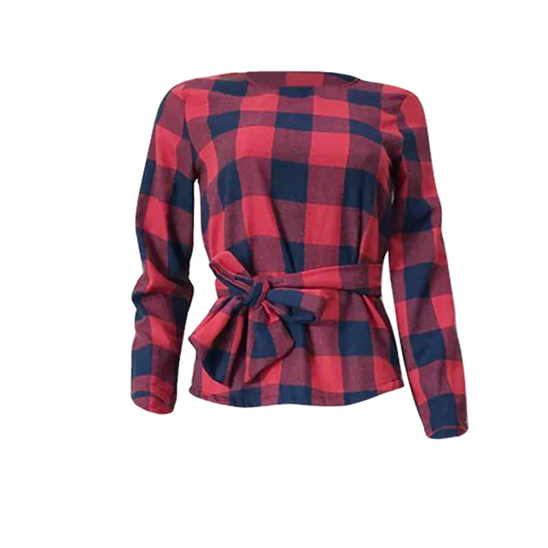 L99174 Women Blouses Long Sleeve Casual Classic Red Black Plaid 
