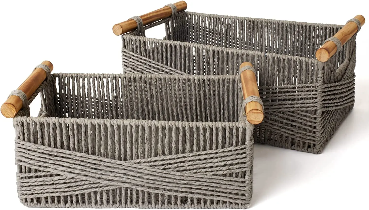 Wicker Storage Baskets for Organizing, Recyclable Paper Rope Basket with Wood Handles, Decorative Hand Woven Basket Organizers