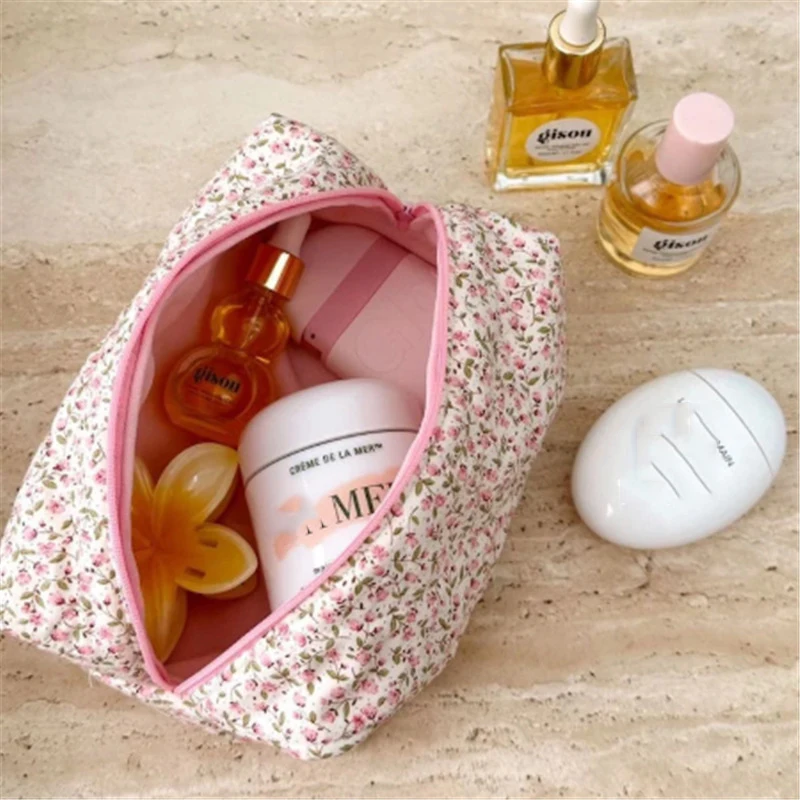 RTS Floral Terry Cloth Towel Cosmetic Bag Women Makeup Brush Bag Cherry  Travel Storage Bag