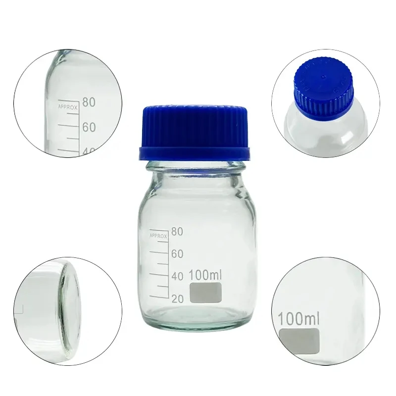 1000ml 円筒型 試薬瓶 青キャップ付 ガラス製 メディア瓶 保存容器
