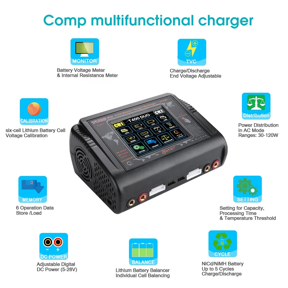 HTRC Lipo Charger 1-6S Pantalla Táctil Doble Descargador AC200W DC400W 12A T400 Pro Cargador De Bateria De Equilibrio Rapido De Alta Precision Para