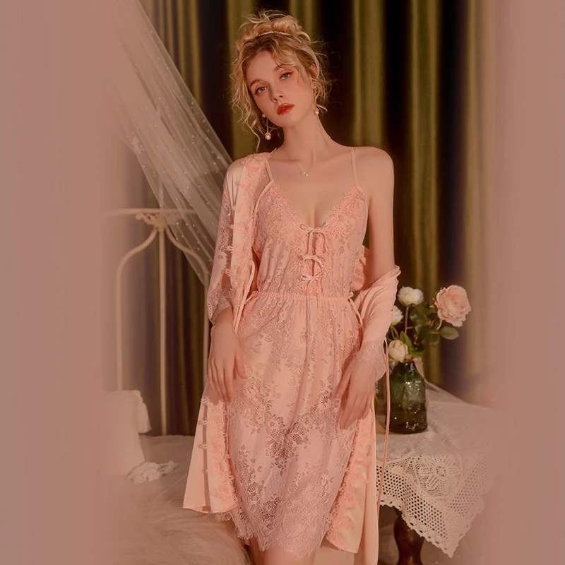 chinese dress ladies Retro Coquette Lace Panel Sleepwear Night Dress M / Pink I Retro Fairy