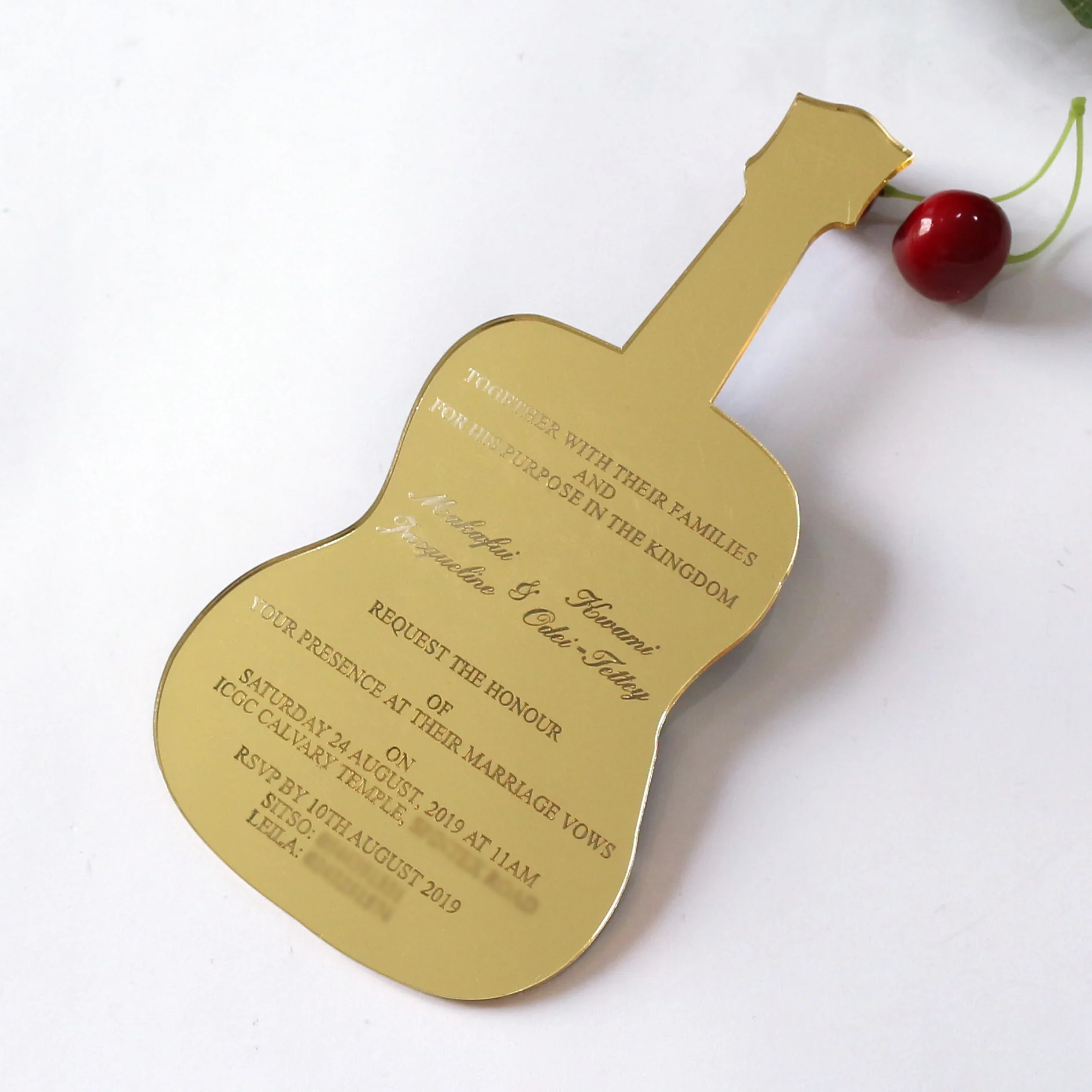 Music-Themed Guitar Shape Gold Mirror Acrylic Wedding Invitation with Black Box