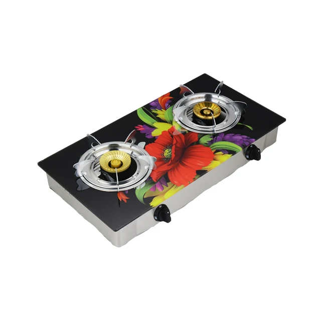 Hot Sale Fancy Tempered Glass  Stainless Steel Panel Professional Cast Iron Double burner Gas Stove