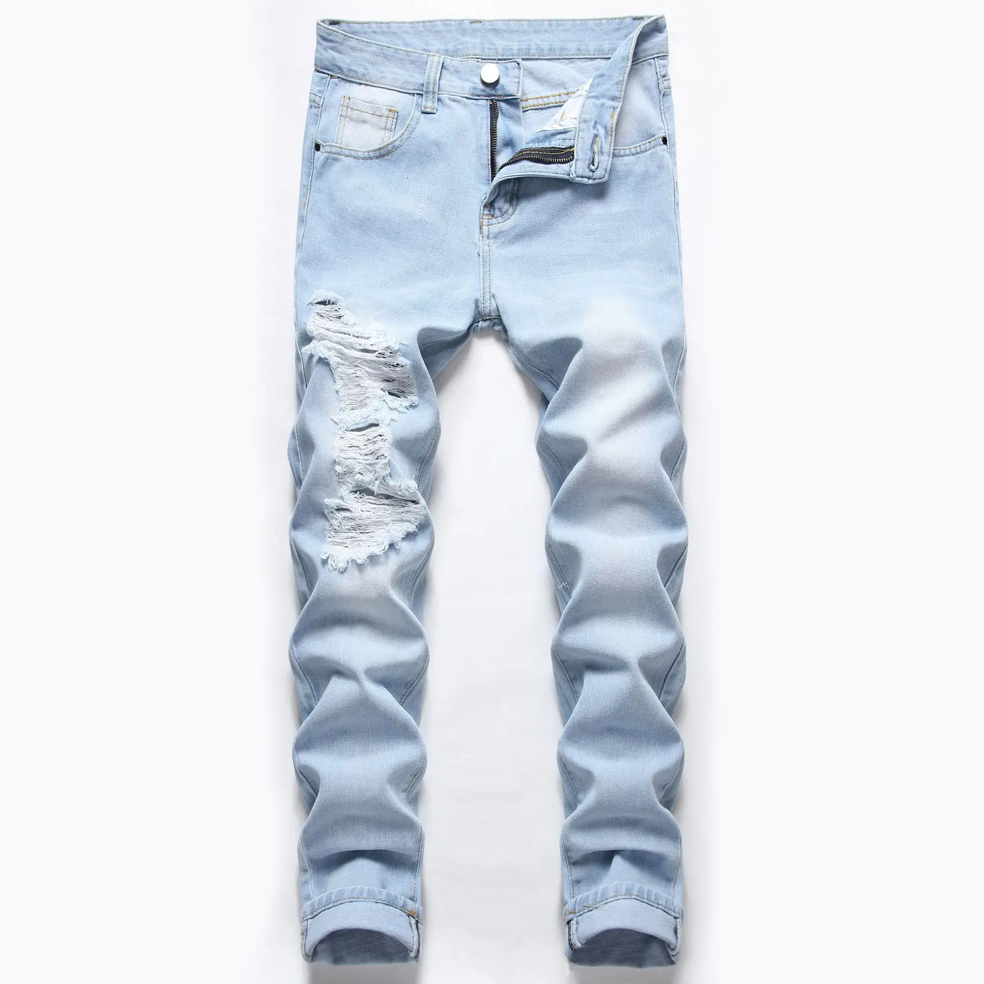 High Quality Custom Ripped Jeans Slim Fit Stacked Jeans For Mens Denim