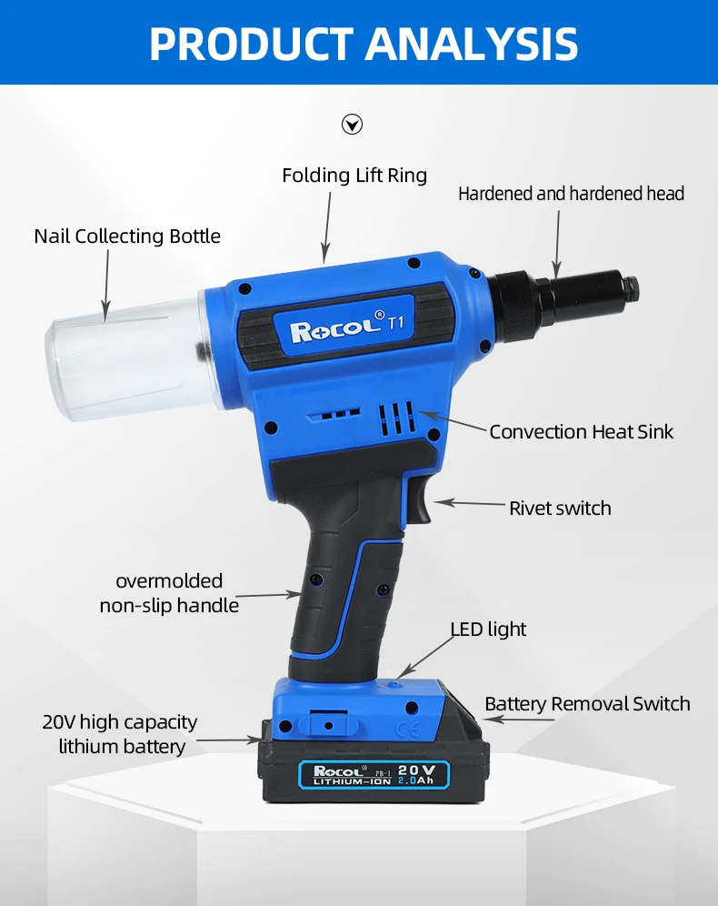 T1 Lithium Battery Rivet Gun Cordless Powerful Pull Force Riveter