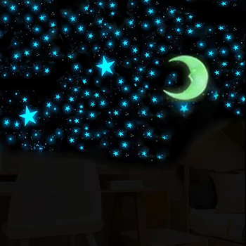 Room Wall Stickers 3d Stars Plastic Glow in the Dark Star Blue Moon for Ceiling