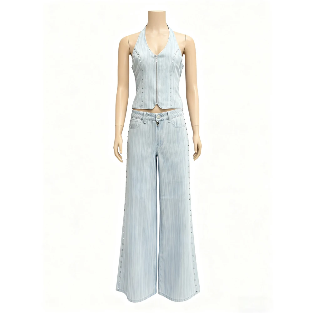 Customized Women Casual Striped Denim Halter Top Striped Straight-leg Jeans Top Pants 2-Piece Set
