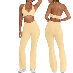 New Arrival Plus Size Solid Slim Fit Leisure Sports Fitness Gym Set Sexy Bra Flared Pants Yoga Elastic Waist Front for Women