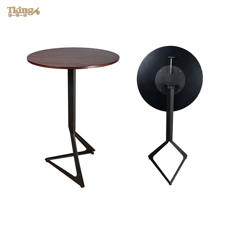 Modern Foldable Wood Grain Metal Hotel Lounge Round High Bar Table Bar
