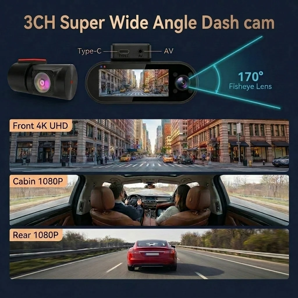 VIEVGUARB VS1125 Dash Cam Night Vision Loop Recording Parking Monitor 4K WiFi Wide Angle Front and Rear Cabin