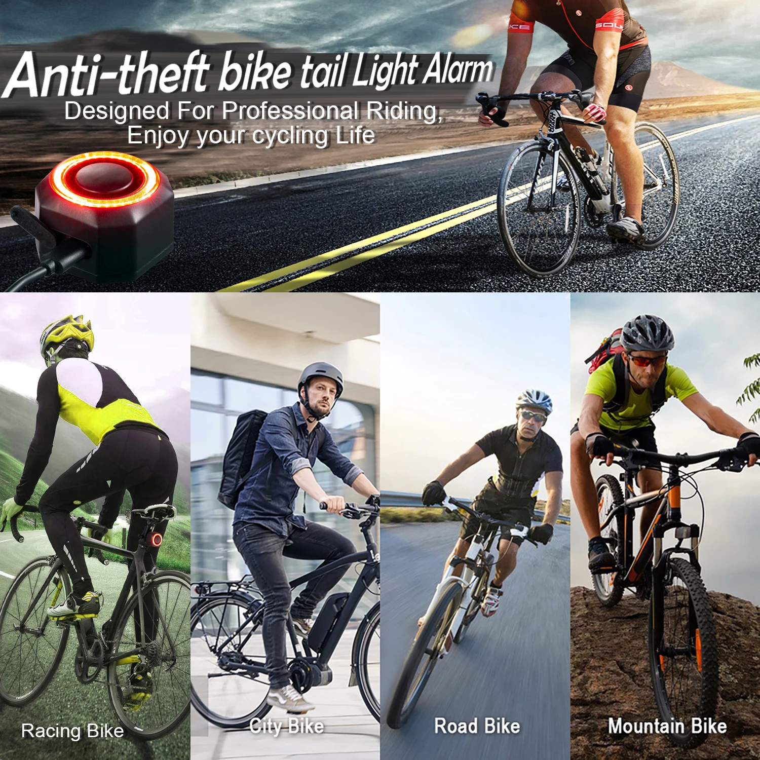 Rechargeable USB Powered Bicycle Alarm with Vibration Sensor Tail Light Smart Brakes Flashlight LED Light for Bikes