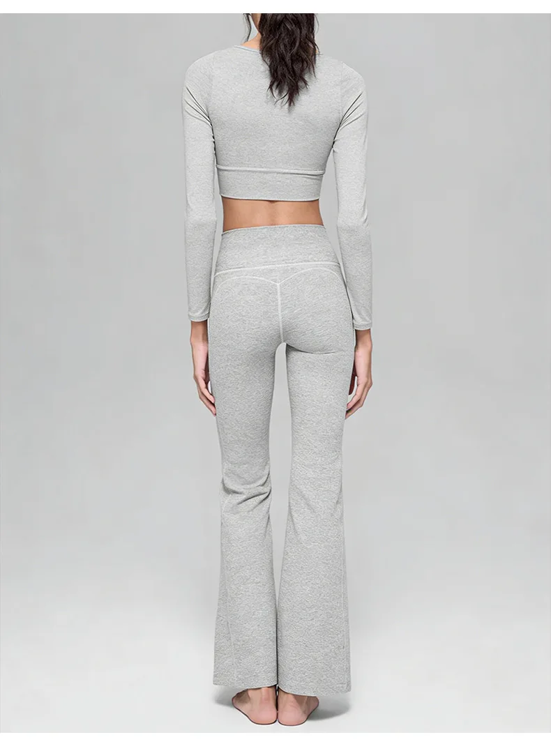 Cationic Active Stretch Yoga Set Ruched V Neck Long Sleeve Crossover Waist Flared Leg Pants — detail