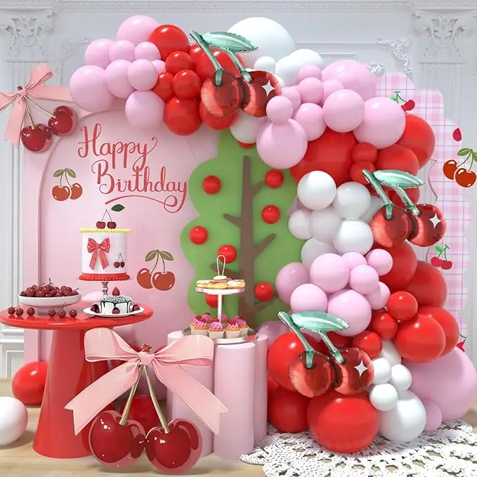 Cherry Balloon Garland Arch Kit Red Pink White Balloons with Cherry Foil Balloons Baby Shower Berry Party Decorations