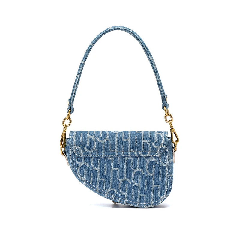 Retro Blue Denim Flap Handbag Saddle Bag With Letter Pattern Cross Body ...