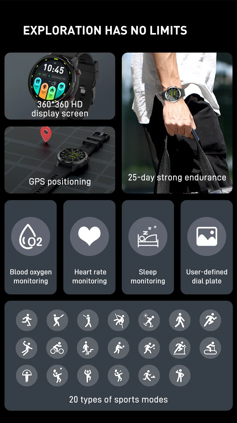S47 Circular Watch with GPS Wrist Lift Screen Heart Rate Blood Oxygen Sleep Monitoring Smart Watches