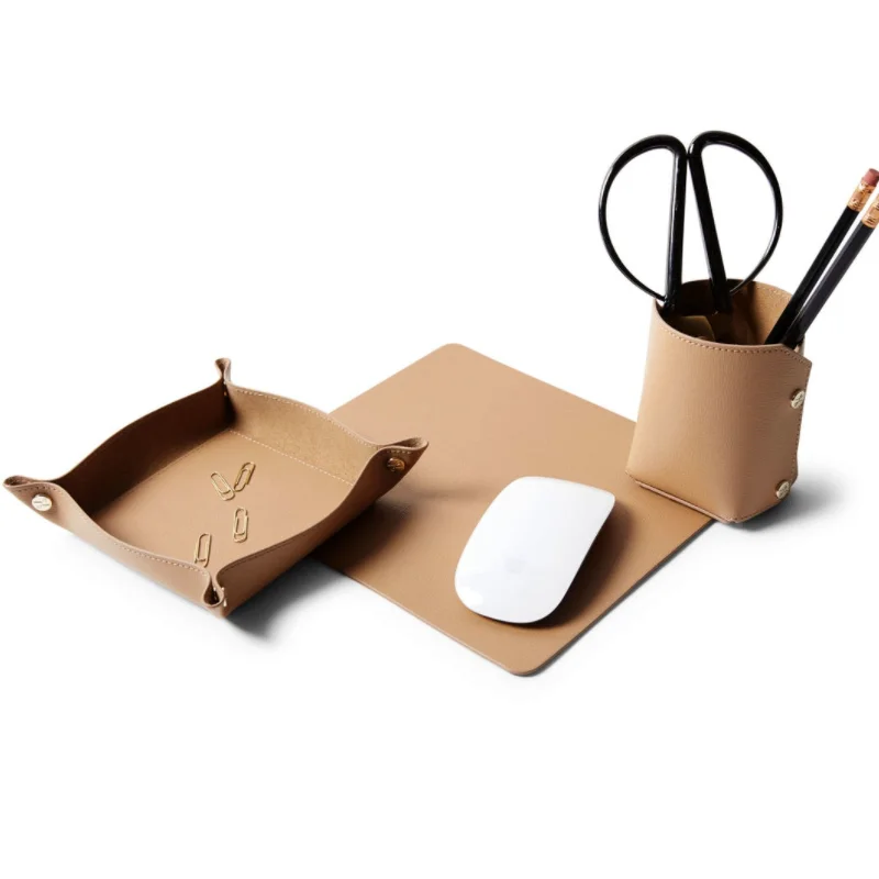 Modern Leather Mouse Pad Pencil Cup Holder Unlined Valet Tray Set Desk Tray Office Supplies