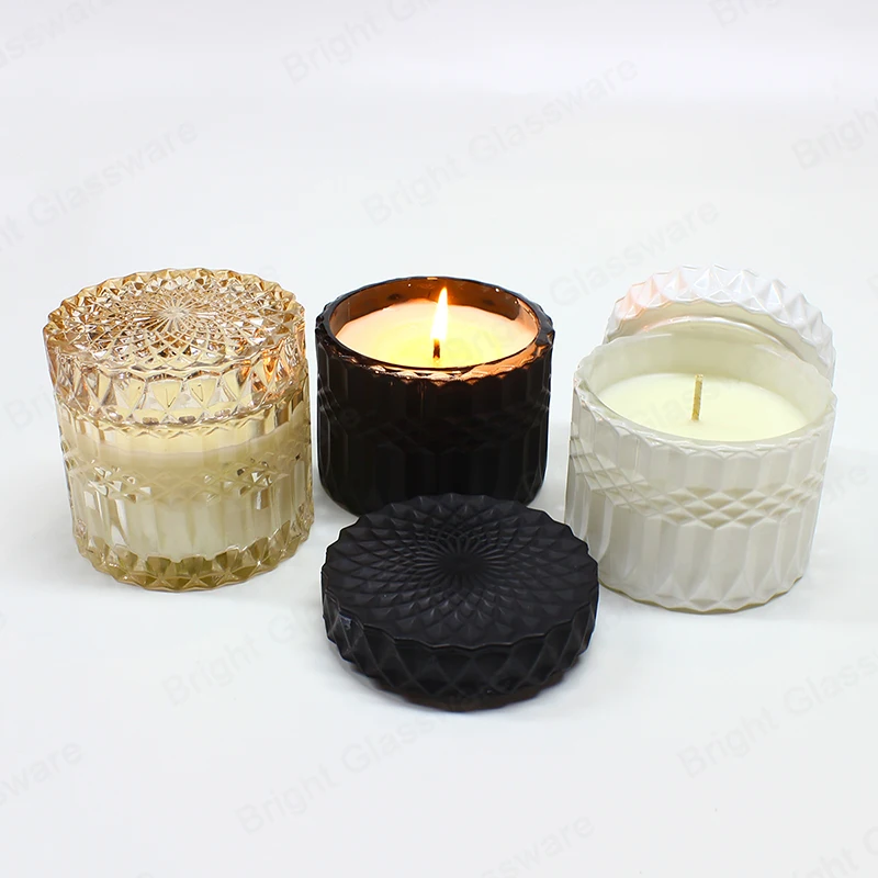 Luxury Matte Embossed Glass Candle Jars With Flat Glass Lids Unique Candle Vessels for Christmas