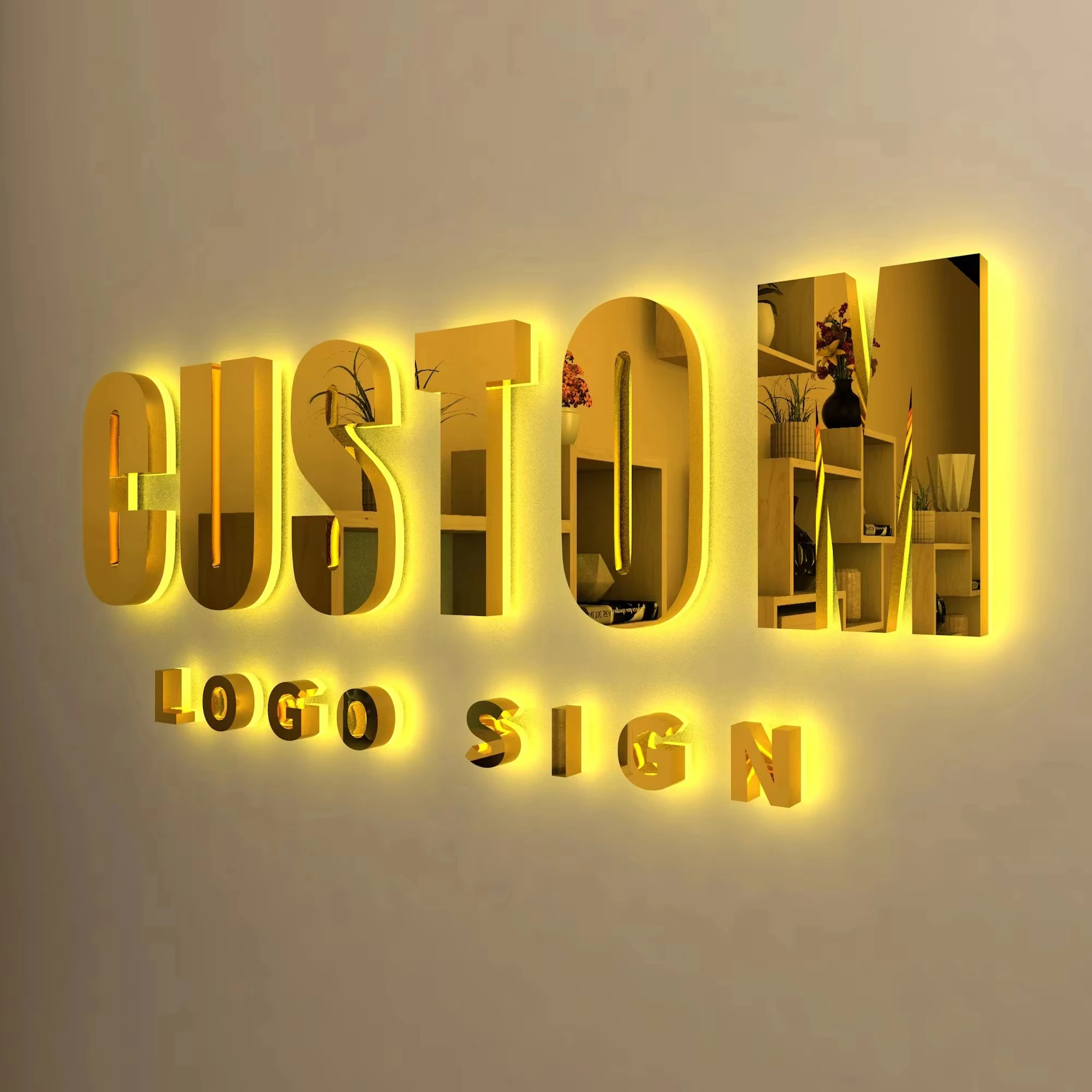 Customized Shop Sign Outdoor Building Electroplating Golden Stainless Steel Led Illuminated Letters Signs  Acrylic  LED Light