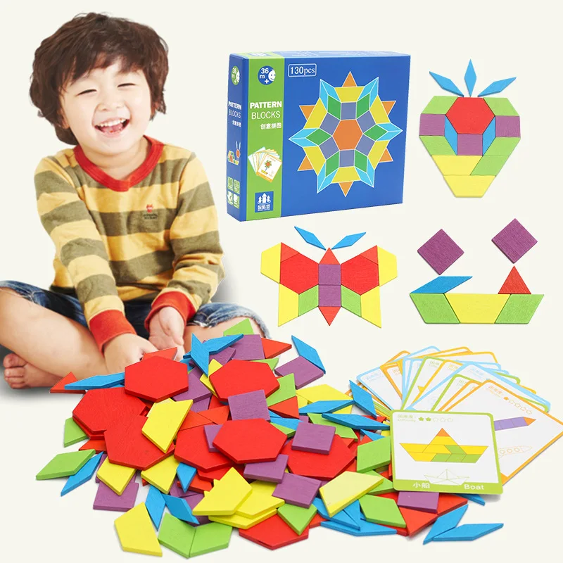 130 PCS Wooden Pattern Blocks Geometric Shape Puzzles Classic Educational Toys Tangrams Set for Kids with 24 Design Cards