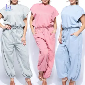 Huili Manufacturer Oem High Quality Solid Color Bodysuits&jumpsuits Crew Neck Baggy Pants Pajamas Women's Summer Loungewear Sets