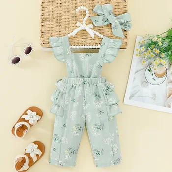 2024 Summer new infant lace suspender pants baby girl flower leaf printed lace suspender trousers