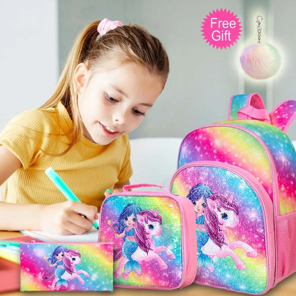 3pcs Toddler Backpack For Girls, 12 Unicorn Sequin Preschool