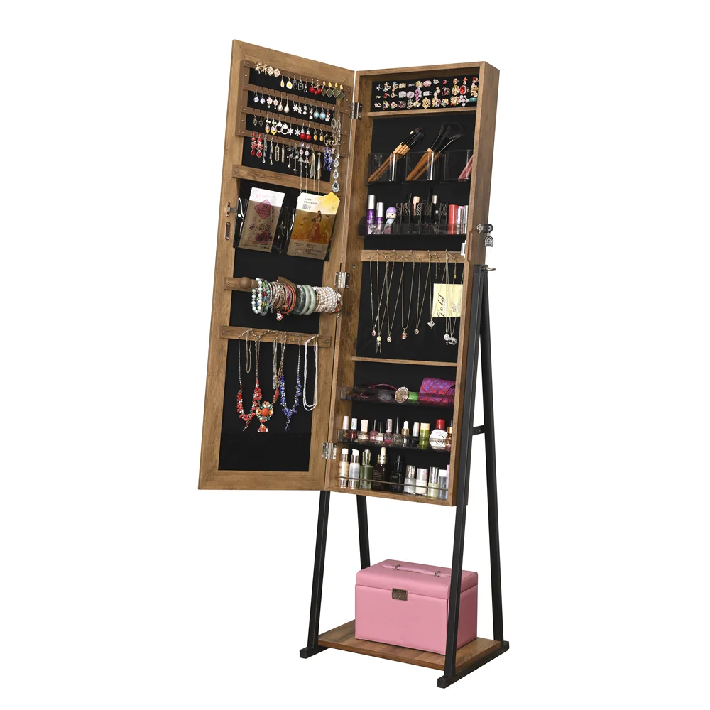 Стоячее зеркало с открытой полкой для хранения ювелирных изделий полноразмерное железные ножки простая базовая функция деревенский коричневый
