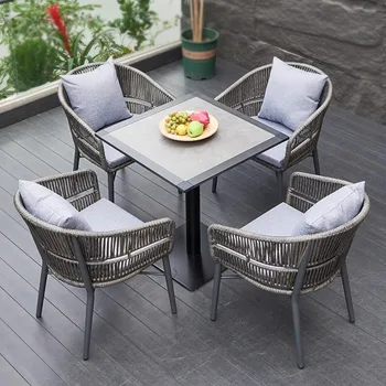 Modern Commercial Outdoor Leisure Terrace Table Chair Combination Open-Air Garden Rattan Chair for Courtyard Metal Construction