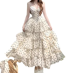 Custom High Quality Summer Causal Layered Ruffle Long Dress  Polka Dot Printed Women  V Neck Sexy Maxi Fashion Party Dress