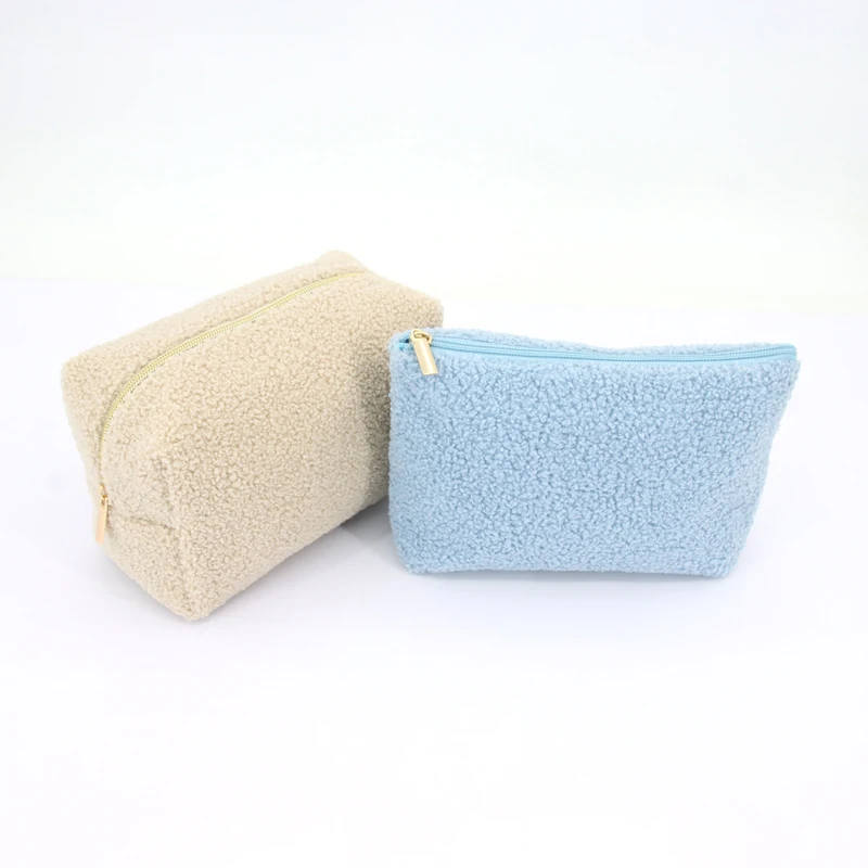 product customize logo soft cute makeup pouches teddy portable travel zipper terry plush toiletries cosmetic bags-2