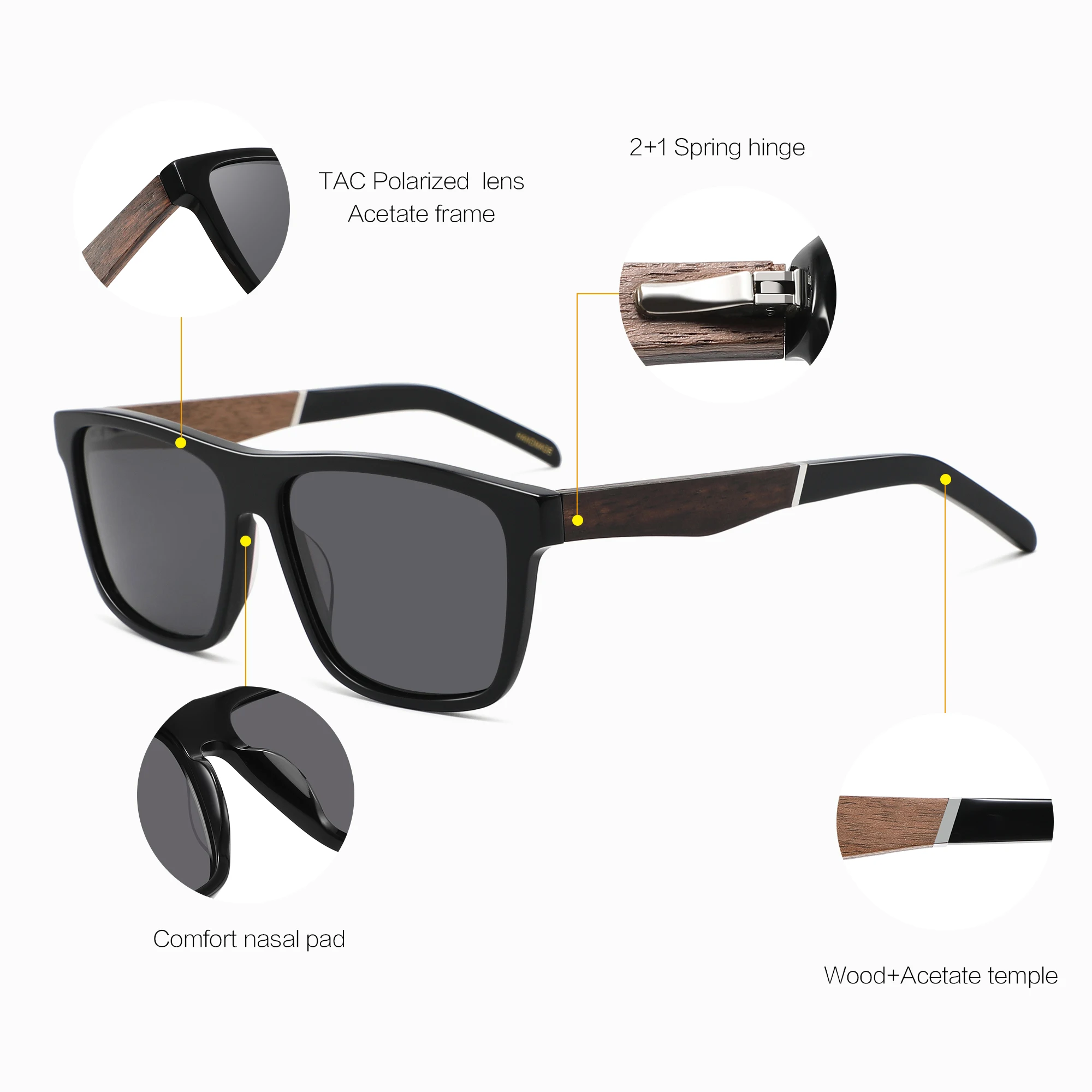 CONCHEN Wholesale OEM Customized Sun Glasses TAC Polarized Acetate Wood Temple Sunglasses