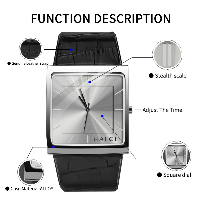 STAR RUDDER Rectangular Genuine Leather Wrist Watch Quartz Black Silver Watch Top Quality Fashion Waterproof Quartz Mens Watch