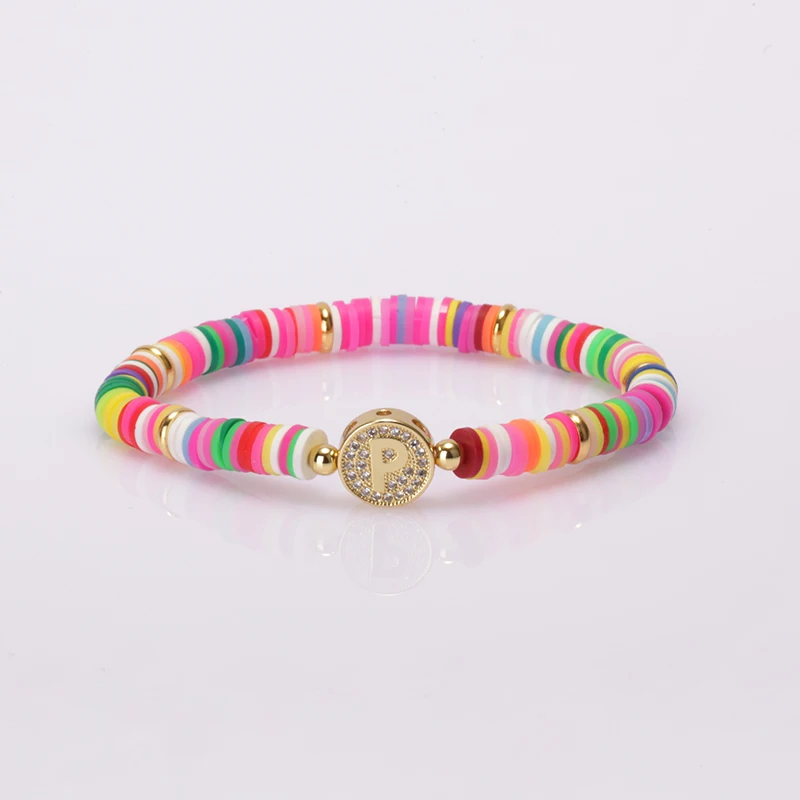 Handmade Fancy Bohemian Polymer Clay Rainbow Bead Friendship Hawaiian Elastic CZ Letter Charm Bracelet for Women Girls