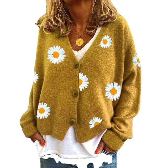 New Women's Casual Single-Breasted Autumn Chrysanthemum Embroidered Coat Sweater Knitted from Cashmere for the Season
