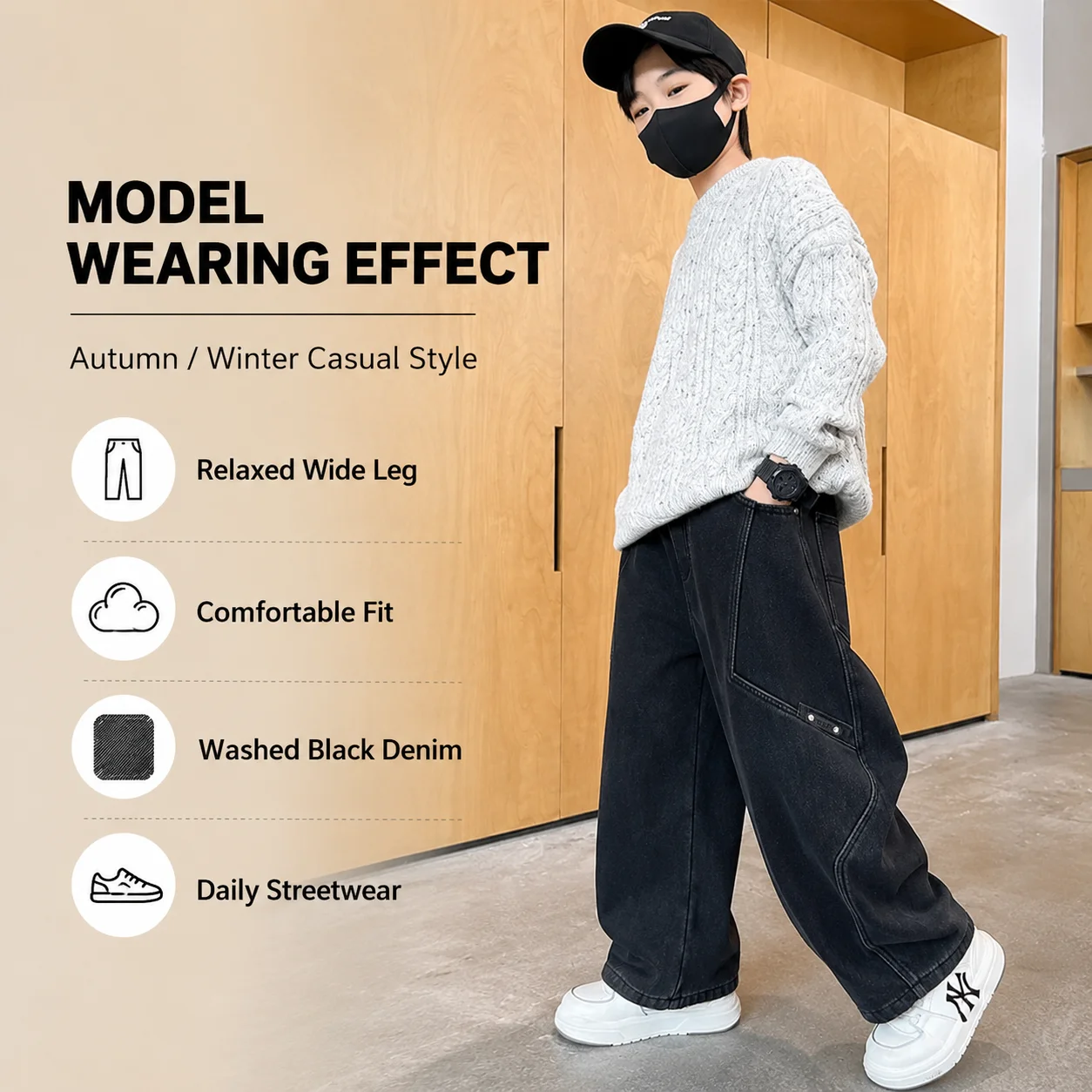 Denim Vintage Straight Breathable Solid Oversize Casual Black Mid Waist Pants for Junior High School Students