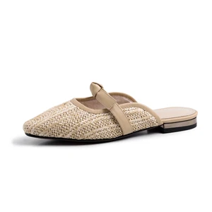 Women Beige Woven Raffia Mules Leather Strap Flat Sole Luxury Summer Beach Resort Casual Comfort Walking Shoes Wholesale