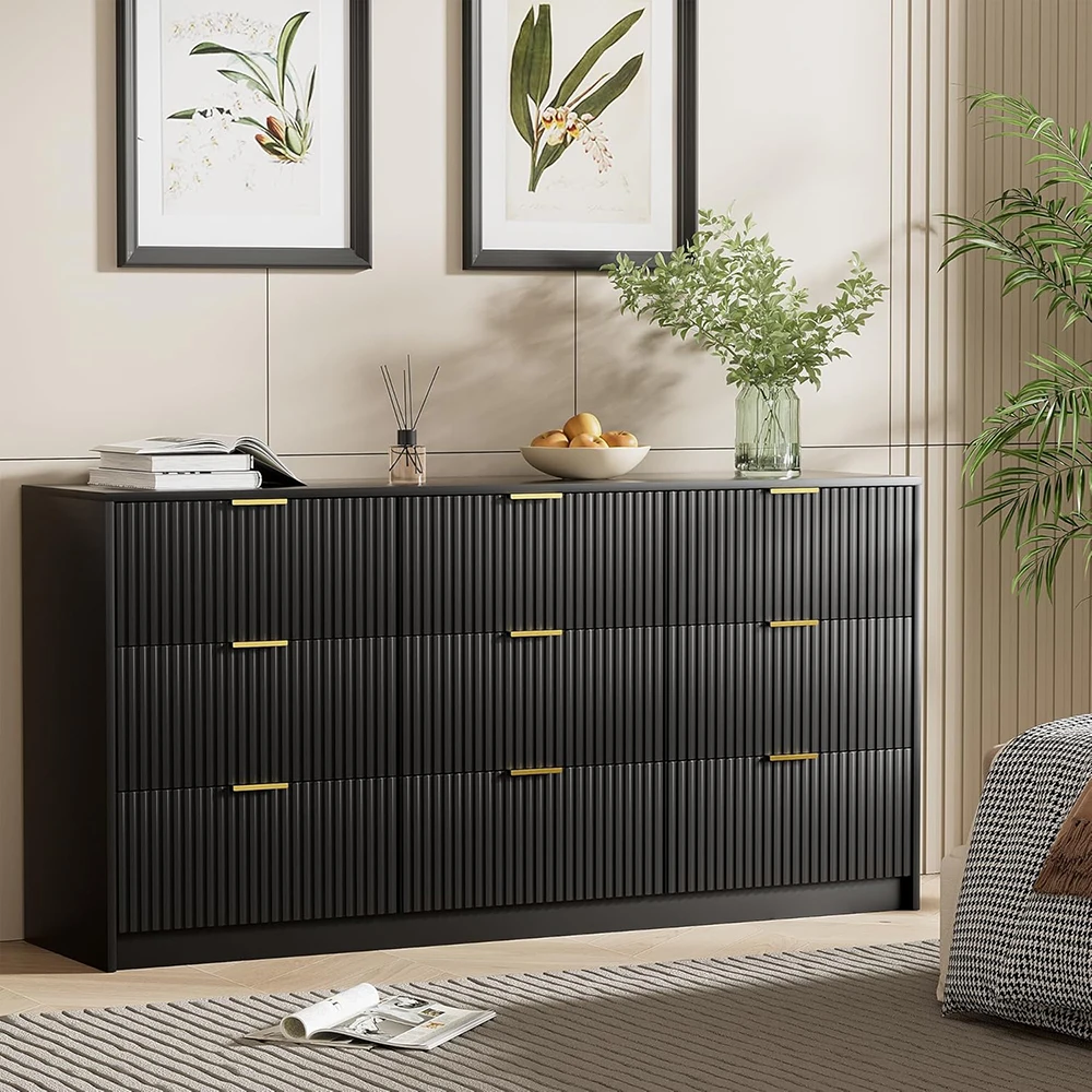 product black wood modern dresser 9 drawers smooth slides wide chest golden handles bedroom living room closet-4