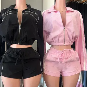 Huili Manufacturer Custom Logo Matching Set Outfits Long Sleeve Zip up Crop Top Jacket Nylon Shorts Women Tracksuit 2 Piece Set