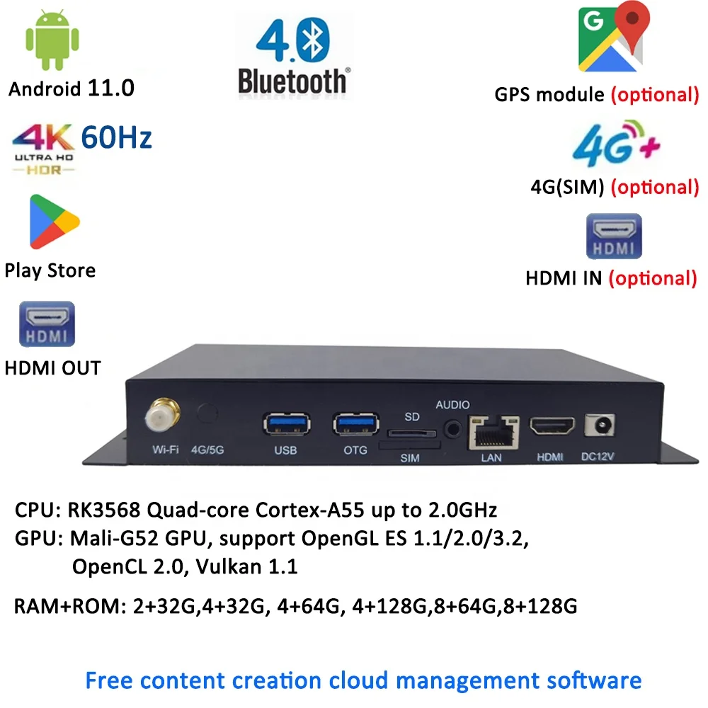 RK3399 RK3566 RK3568 RK3588 Android 4K HD-MI OUT GPS Module Smart TV Box With Wide Area Network CMS Digital Signage Media Player