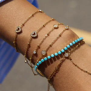 MW Elegant 18K Gold-Plated Stainless Steel Double-Layer Bracelet: Heart Design with Rhinestones & Turquoise Beads