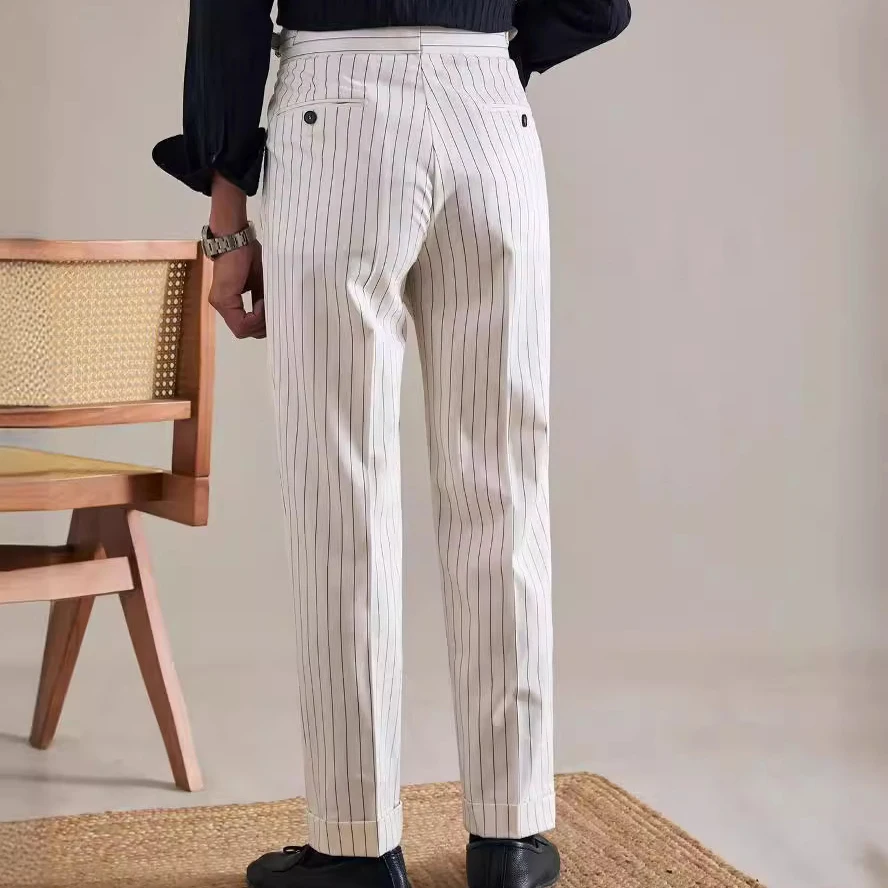 Naples White Striped Double Pleated Trousers Italian Casual Retro Striped  Trousers for Men White Straight Suit Pants for Men