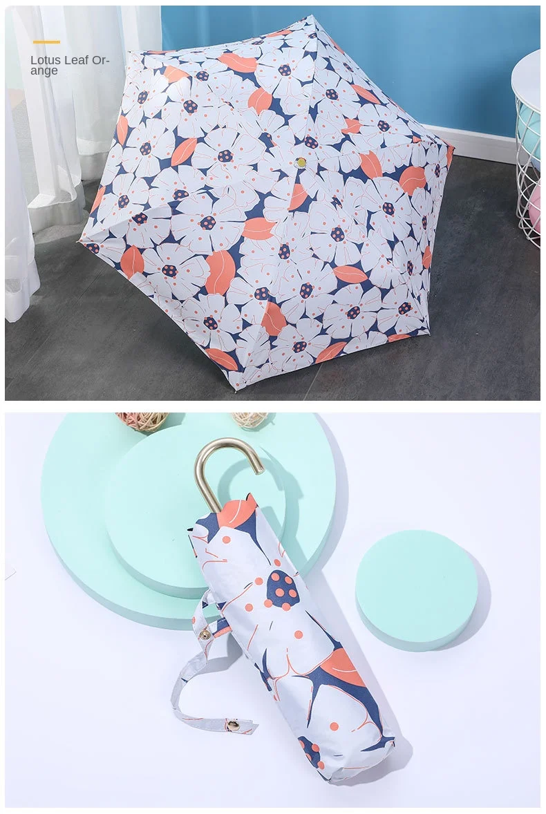 Printing 6k Three Folding Pocket Rain Ladies Sun Umbrellas Semi-Automatic J Shape Handle Umbrella