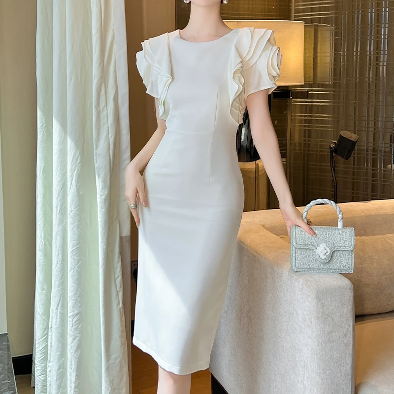 ZYHT 9830 Elegant Women's Pencil Knee Length Party Dress New Solid Color Ruffle Short Sleeves Neck Slim Natural Waistline Dress