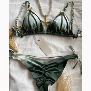 Sexy Tie Dyed Bikini for Women Micro Two Piece Swimsuit with Triangle Cup Solid Color and Adjustable Drawstring Straps