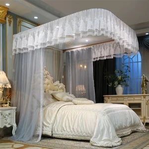 Mosquito Princess Style Beautiful Lace Canopy Mesh Indoor Home Decoration Net King Queen Size Bed Square Shape Mosquito Net