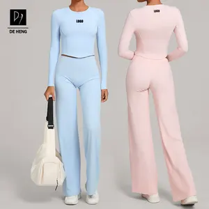 Women's Solid Color Sports Set Long Sleeved Skin Friendly High Waisted Workout Wide Leg Pants Fitness Yoga Set